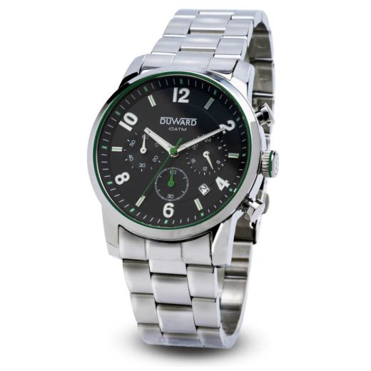 D95541.03 Reloj DUWARD de caballero brazalete y caja de acero Cronógrafo esfera negra y verde cristal zafiro water resistant 100 metros