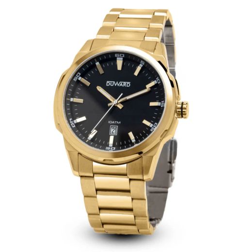 D95434.12 Reloj DUWARD de Caballero Brazalete y Caja de acero IP Dorada esfera negra calendario 10 Atm