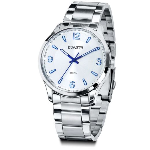 D95307.01 Reloj DUWARD hombre de acero inoxidable 316L esfera blanca índices azules
