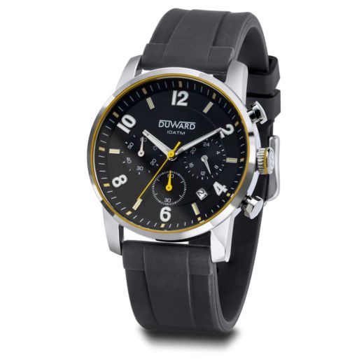 D85541.09 Reloj Duward de hombre correa caucho y caja de acero Cronógrafo esfera negra y amarilla