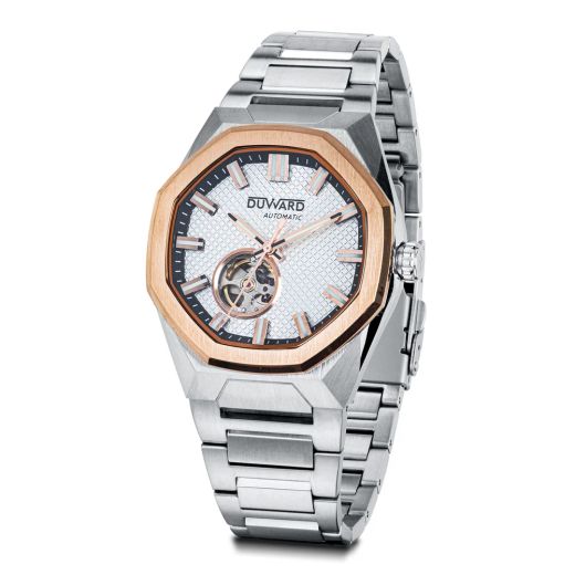 D95804.26 Reloj Duward de hombre automático de acero bisel rosado esfera blanca 10 Atm cristal zafiro