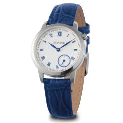 D15601.05 Reloj DUWARD de mujer con caja de acero esfera blanca números romanos azules con correa piel azul