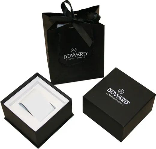D15601.02 Reloj Duward de mujer caja acero 316L esfera negra y números romanos plateados con correa piel negra
