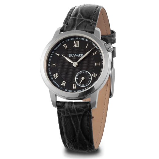 D15601.02 Reloj Duward de mujer caja acero 316L esfera negra y números romanos plateados con correa piel negra