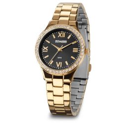 D25348.12 Reloj Duward de mujer con caja y brazalete de acero IP dorado esfera negra con circonitas, sumergible 50 metros
