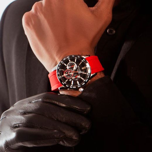 D85536.04 Reloj DUWARD hombre Aquastar cronógrafo caja de acero bisel cerámica 10 ATM y correa silicona roja