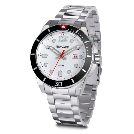 D95436.06 Reloj Duward de hombre caja y armis de acero 316L esfera blanca, bisel negro, acuático 10 ATM