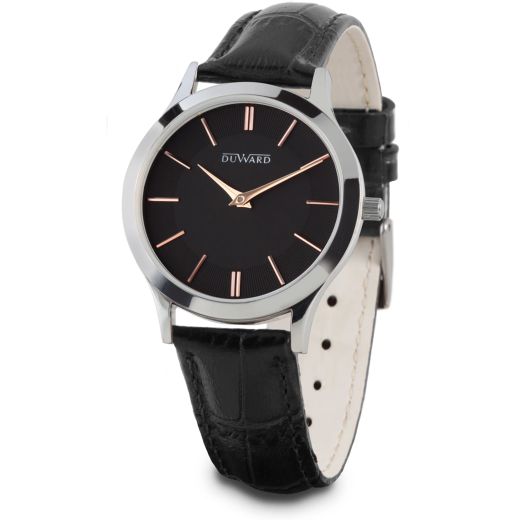 D15103.02 Reloj Duward de mujer con caja extraplana de acero 316L y correa de piel negra