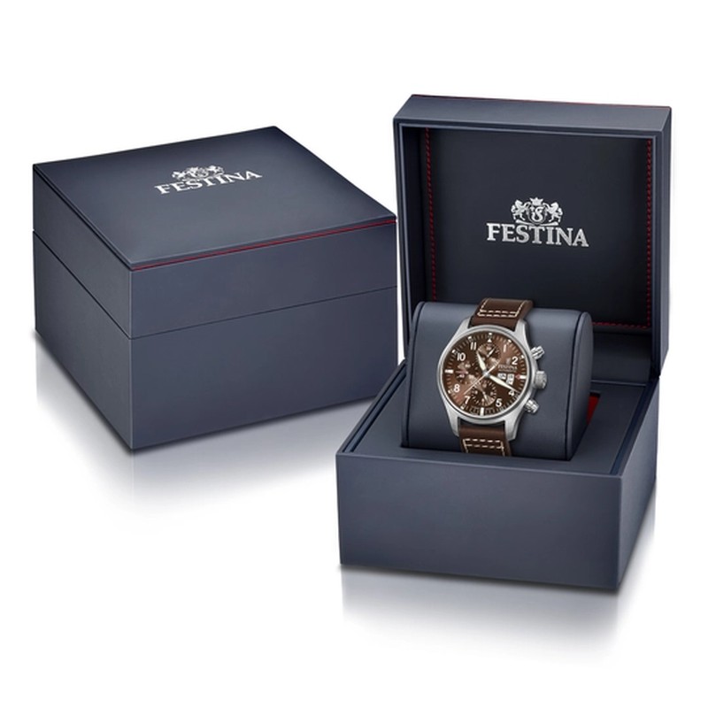 Reloj Festina F20150/3 Swiss Made de hombre marrón correa de cuero y caja  de acero 316L — Joyeria Pont