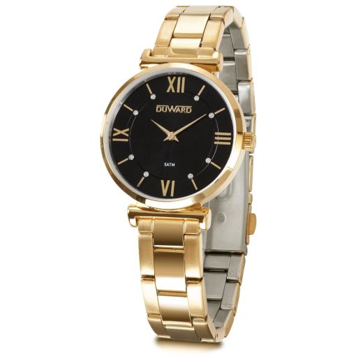 D25346.12 Reloj Duward de Mujer informal y elegante caja acero IP dorada esfera negra sumergible 50 metros