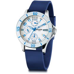 D17018.15 Reloj DUWARD Unisex Correa silicona azul multifunción esfera blanca y azul cristal mineral endurecido sumergible 100 metros (10atm)