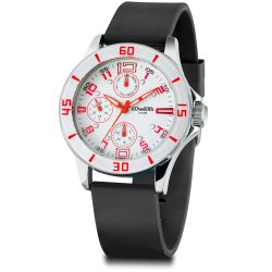 D17018.14 Reloj Duward Unisex correa silicona multifunción, elegante esfera blanca y roja, Resistencia al agua 100 metros (10 ATM).