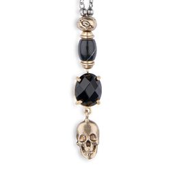 SN030X Colgante rosario unisex Plata de Palo chapado en Plata 925 con calavera y piezas de bronce, resina y piedra de ónix facetado