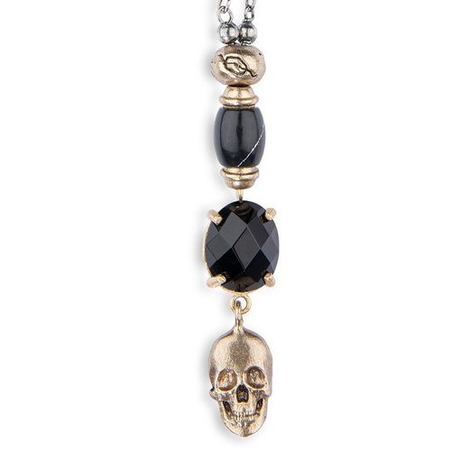 SN030X Colgante rosario unisex Plata de Palo chapado en Plata 925 con calavera y piezas de bronce, resina y piedra de ónix facetado