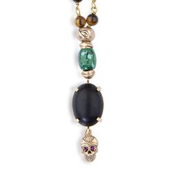 SN029X Rosario colgante Plata de Palo unisex de ojo de tigre con piezas de bronce, resina y calavera de bronce con circonitas granates
