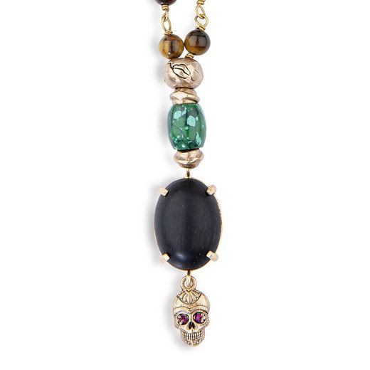 SN029X Rosario colgante Plata de Palo unisex de ojo de tigre con piezas de bronce, resina y calavera de bronce con circonitas granates