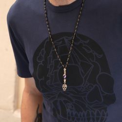 SN031X Colgante Rosario Plata de Palo de ónix con perlas de agua, piezas y calavera de bronce con circonitas blancas el rosario ha sido ensamblado con gran atención al detalle