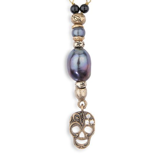 SN031X Colgante Rosario Plata de Palo de ónix con perlas de agua, piezas y calavera de bronce con circonitas blancas el rosario ha sido ensamblado con gran atención al detalle