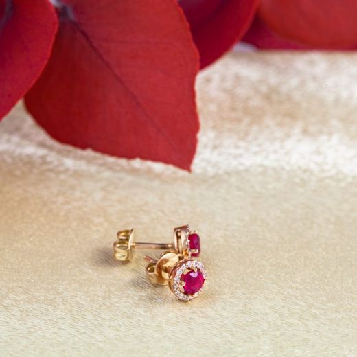 02-194005 Pendientes mujer tipo botón de oro con rosetón de diamantes y zafiro