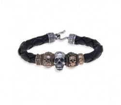 SB042X Pulsera Plata de Palo Skull cuero trenzado negro y calaveras en plata y bronce