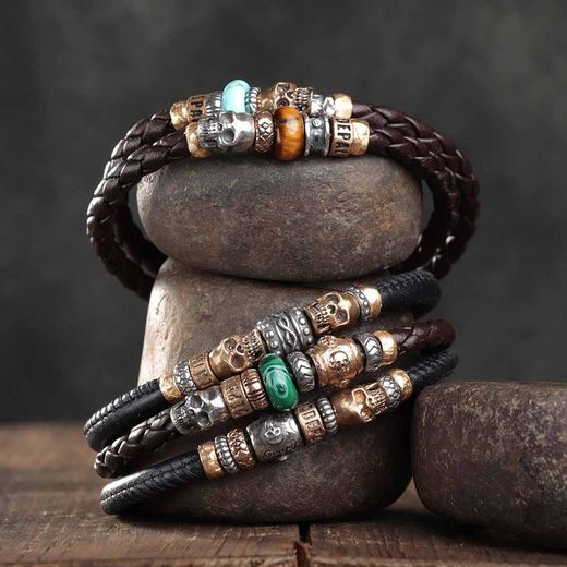 SB078X Pulsera Plata de Palo calaveras Skull de plata y bronce