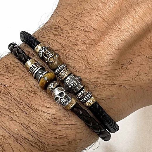 SB079X Pulsera Plata de Palo cuero natural, plata y calavera