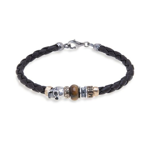 SB080X Pulsera PLATA DE PALO calavera ojo de tigre y plata