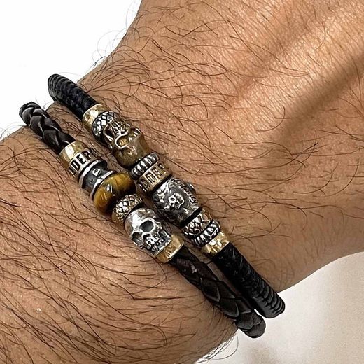 SB080X Pulsera PLATA DE PALO calavera ojo de tigre y plata