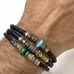 SB082X Pulsera Plata de Palo cuero trenzado plata y malaquita