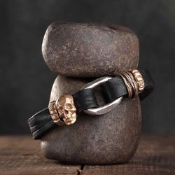 SB092X Pulsera Plata de Palo cuero calavera Skull