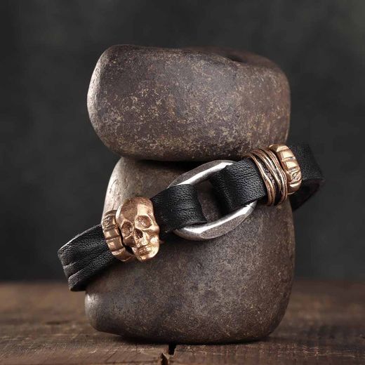 SB092X Pulsera Plata de Palo cuero calavera Skull