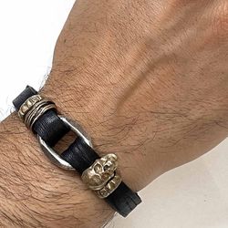 SB092X Pulsera Plata de Palo cuero calavera Skull