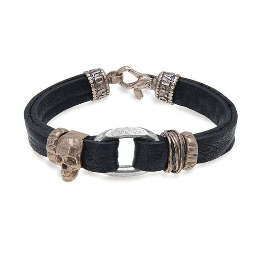SB092X Pulsera Plata de Palo cuero calavera Skull