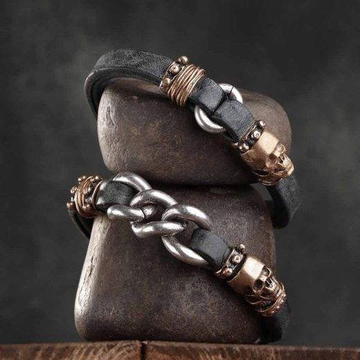 SB095X Pulsera Plata de Palo vintage cuero doble