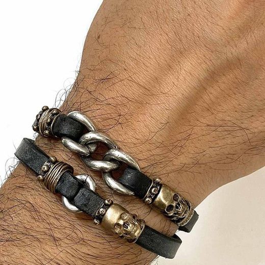 SB095X Pulsera Plata de Palo vintage cuero doble