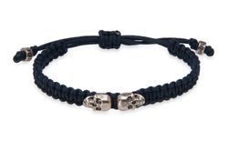 SB122N  Pulsera Plata de Palo de nylon negro con dos calaveras de bronce colección Lito