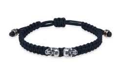 SB123N Pulsera PLATA DE PALO unisex autoajustable de nylon negro con dos calaveras de plata 925 colección Nívaro
