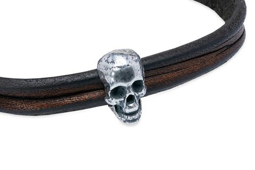 SB202X Pulsera Sakum PLATA DE PALO con calavera de plata y cuero, cierre de gancho sólido