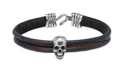 SB202X Pulsera Sakum PLATA DE PALO con calavera de plata y cuero, cierre de gancho sólido