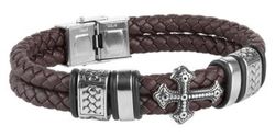 Pulsera hombre colección Schota Rustaveli Ref. DT3096.02 de cuero doble negro decorada en acero 316L y cruz central