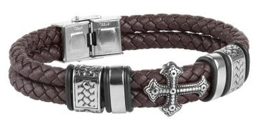 Pulsera hombre colección Schota Rustaveli Ref. DT3096.02 de cuero doble negro decorada en acero 316L y cruz central