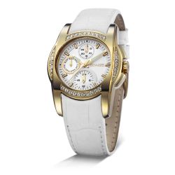 D15702.11 Reloj Duward de señora correa piel y caja de acero IP dorado con circonitas  multifunción