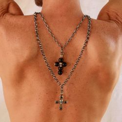SN038X Collar PLATA DE PALO cruz y calavera central con cadena Rolo chapada en plata 925 Onix