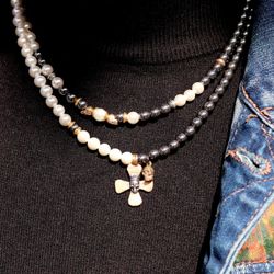 SN047X Collar Plata de Palo calaveras Jemaa de Plata 925, perlas de agua dulce y hematites