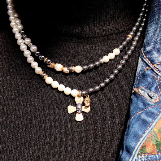 SN047X Collar Plata de Palo calaveras Jemaa de Plata 925, perlas de agua dulce y hematites