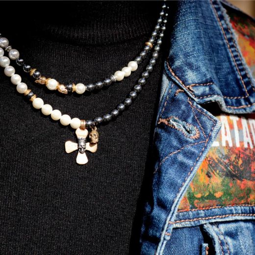 SN047X Collar Plata de Palo calaveras Jemaa de Plata 925, perlas de agua dulce y hematites