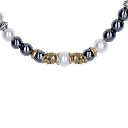 SN047X Collar Plata de Palo calaveras Jemaa de Plata 925, perlas de agua dulce y hematites