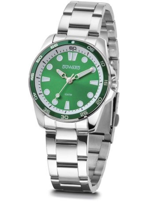 SPORT Mud D25354.03 Reloj DUWARD Analógico para Mujer de Cuarzo con Correa en Acero Inoxidable 316L. Elegante Reloj de Mujer con Esfera verde y agujas anchas y muy visibles