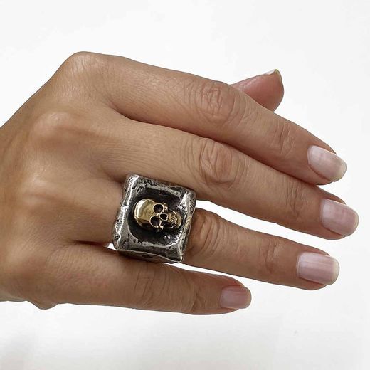 SR017X Anillo Plata de Palo de plata y calavera de bronce incrustada