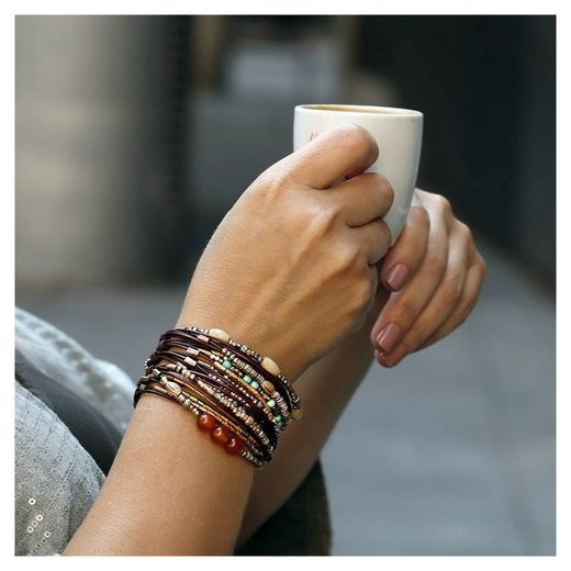 WB192X Pulsera Plata de Palo con hilos de piel y bolas de bronce